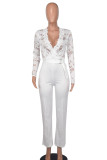 White Casual Solid Lace Patchwork See-through With Belt Zipper V Neck Regular Jumpsuits