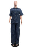 Blue Street Plaid Patchwork Buttons Zipper Turndown Collar Half Sleeve Two Pieces