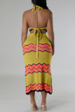 Pink Sweet Striped Bandage Hollowed Out Patchwork Backless Halter Sleeveless Two Pieces