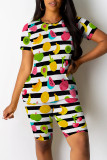 White Casual Print Patchwork O Neck Short Sleeve Two Pieces