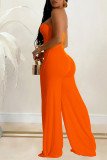 Orange Elegant Solid Hollowed Out Patchwork Strapless Regular Jumpsuits