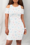 White Elegant Butterfly Print Hollowed Out Patchwork O Neck Wrapped Skirt Dresses