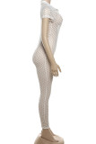 White Street Solid Hollowed Out Patchwork Buckle V Neck Skinny Jumpsuits