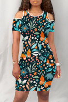 Green Orange Elegant Butterfly Print Hollowed Out Patchwork O Neck Wrapped Skirt Dresses