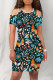 Green Orange Elegant Butterfly Print Hollowed Out Patchwork O Neck Wrapped Skirt Dresses