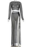 White Sexy Solid Bandage Hollowed Out Patchwork See-through High Opening O Neck Long Sleeve Two Pieces