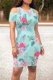Light Blue Elegant Print Hollowed Out Patchwork O Neck Wrapped Skirt Dresses