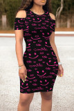 Black Elegant Print Hollowed Out Patchwork O Neck Wrapped Skirt Dresses