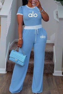 Sky Blue Casual Print Letter O Neck Short Sleeve Two Pieces