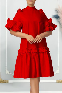 Red Elegant Solid Patchwork Stringy Selvedge Mandarin Collar A Line Dresses