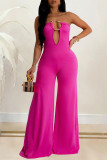 Rose Red Elegant Solid Hollowed Out Patchwork Strapless Regular Jumpsuits