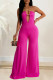 Rose Red Elegant Solid Hollowed Out Patchwork Strapless Regular Jumpsuits