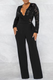 White Casual Solid Lace Patchwork See-through With Belt Zipper V Neck Regular Jumpsuits