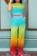 Multicolor Street Gradient Patchwork Pocket O Neck Short Sleeve Two Pieces