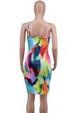 Multicolor Casual Print Patchwork Backless Spaghetti Strap Sling Dresses