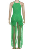 White Sexy Solid Tassel Hollowed Out Patchwork Spaghetti Strap Sling Dresses