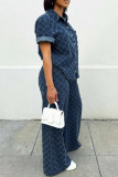 Blue Street Plaid Patchwork Buttons Zipper Turndown Collar Half Sleeve Two Pieces