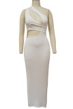 White Elegant Solid Hollowed Out Patchwork Backless Asymmetrical Collar Long Dresses
