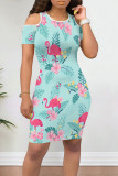 Light Blue Elegant Print Hollowed Out Patchwork O Neck Wrapped Skirt Dresses