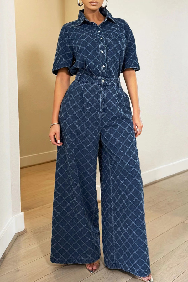 Blue Street Plaid Patchwork Buttons Zipper Turndown Collar Half Sleeve Two Pieces