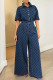 Blue Street Plaid Patchwork Buttons Zipper Turndown Collar Half Sleeve Two Pieces