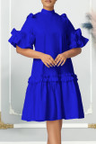 Red Elegant Solid Patchwork Stringy Selvedge Mandarin Collar A Line Dresses