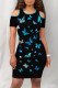 Blue Black Elegant Butterfly Print Hollowed Out Patchwork O Neck Wrapped Skirt Dresses