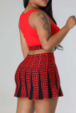 Red Sweet Print Patchwork U Neck Sleeveless Two Pieces