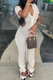White Street Solid Hollowed Out Patchwork Buckle V Neck Skinny Jumpsuits