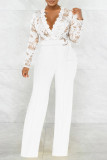 White Casual Solid Lace Patchwork See-through With Belt Zipper V Neck Regular Jumpsuits