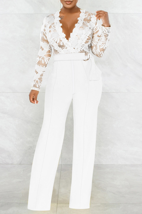 White Casual Solid Lace Patchwork See-through With Belt Zipper V Neck Regular Jumpsuits