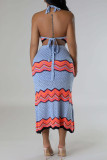 Blue Sweet Striped Bandage Hollowed Out Patchwork Backless Halter Sleeveless Two Pieces