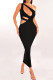 Black Elegant Solid Hollowed Out Patchwork Backless Asymmetrical Collar Long Dresses