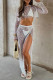 White Sexy Solid Bandage Hollowed Out Patchwork See-through High Opening O Neck Long Sleeve Two Pieces