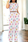 Orange Gray Casual Print Patchwork O Neck Short Sleeve Two Pieces