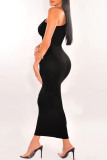 Black Elegant Solid Hollowed Out Patchwork Backless Asymmetrical Collar Long Dresses
