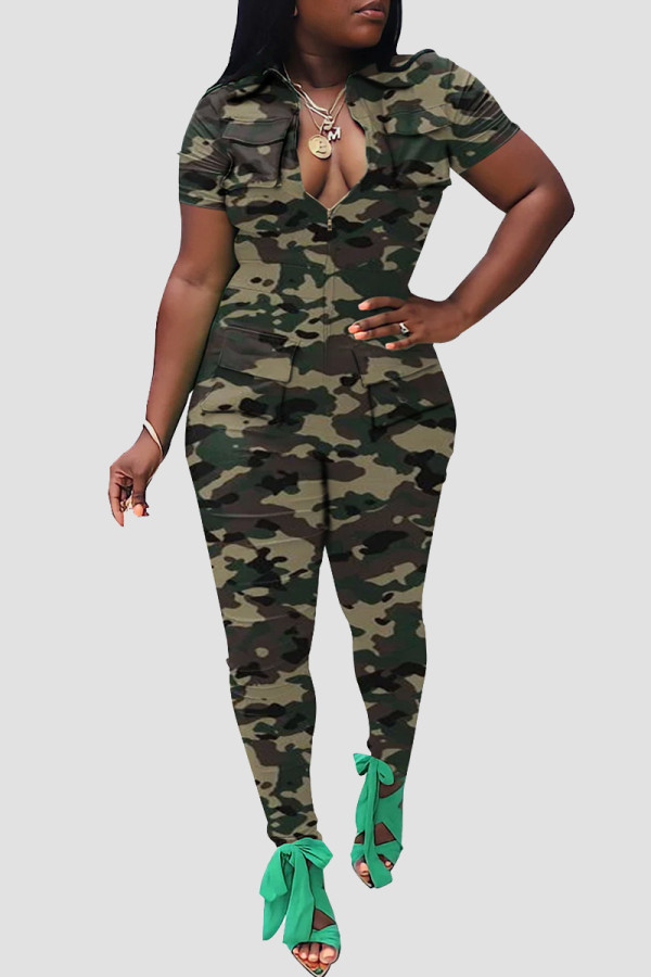 Army Green Street Camouflage Print Patchwork Pocket Zipper Zipper Collar Skinny Jumpsuits