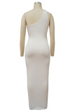 White Elegant Solid Hollowed Out Patchwork Backless Asymmetrical Collar Long Dresses