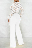 White Casual Solid Lace Patchwork See-through With Belt Zipper V Neck Regular Jumpsuits