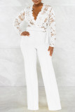 White Casual Solid Lace Patchwork See-through With Belt Zipper V Neck Regular Jumpsuits