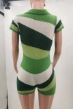 Green Casual Color Block Patchwork Buckle Turndown Collar Skinny Rompers