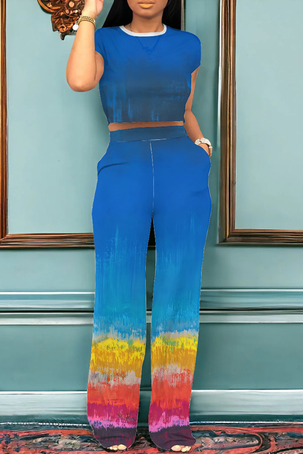 Blue Street Gradient Patchwork Pocket O Neck Short Sleeve Two Pieces