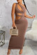 Light Coffee Elegant Solid Hollowed Out Patchwork Backless Asymmetrical Collar Long Dresses