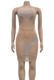 Apricot Elegant Patchwork See-through Backless Hot Drill Contrast O Neck Wrapped Skirt Dresses