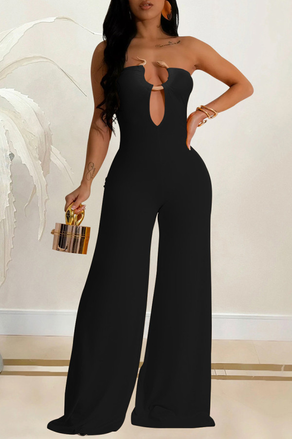 Black Elegant Solid Hollowed Out Patchwork Strapless Regular Jumpsuits