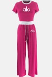 Rose Red Casual Print Letter O Neck Short Sleeve Two Pieces
