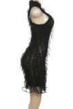 Black Sexy Solid Hollowed Out Patchwork O Neck Wrapped Skirt Dresses