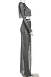 White Sexy Solid Bandage Hollowed Out Patchwork See-through High Opening O Neck Long Sleeve Two Pieces