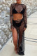 Black Sexy Solid Bandage Hollowed Out Patchwork See-through High Opening O Neck Long Sleeve Two Pieces