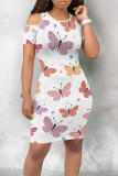 Multicolor Elegant Butterfly Print Hollowed Out Patchwork O Neck Wrapped Skirt Dresses